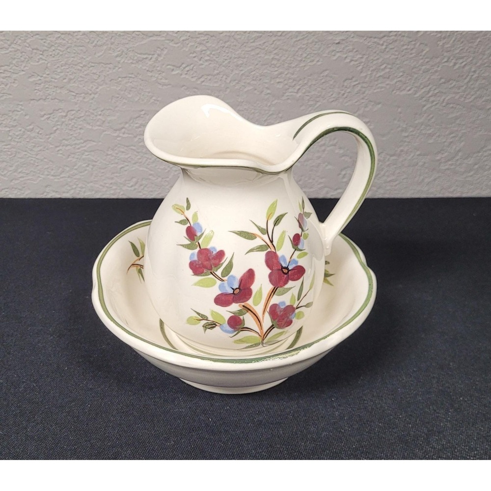 Enesco Miniature Pitcher and Basin Set Plum Lavender Floral Motif Vintage 1950s